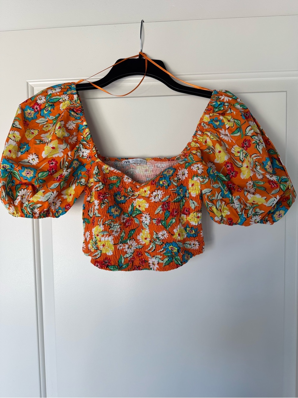 Zara Orange Floral Puff-Sleeve Smocked Crop Top